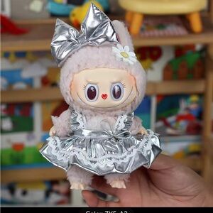 Cute Labubu Silver Dress with a Ruffle and Hairbow